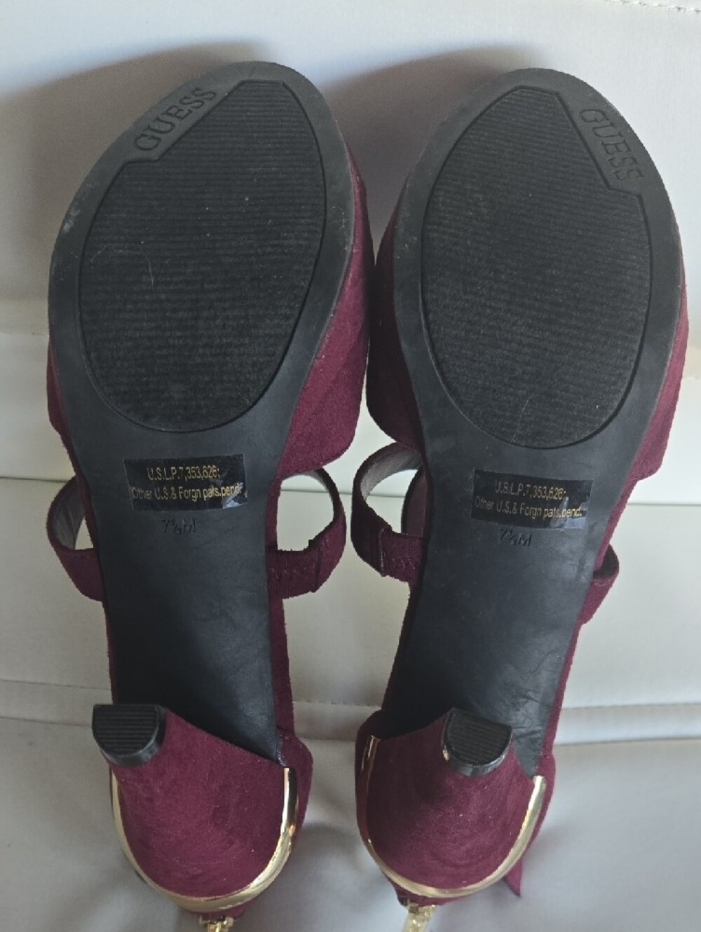 GUESS Women's Burgundy Suede Strappy High Heel Sandals with Gold Accent - Picture 4 of 5